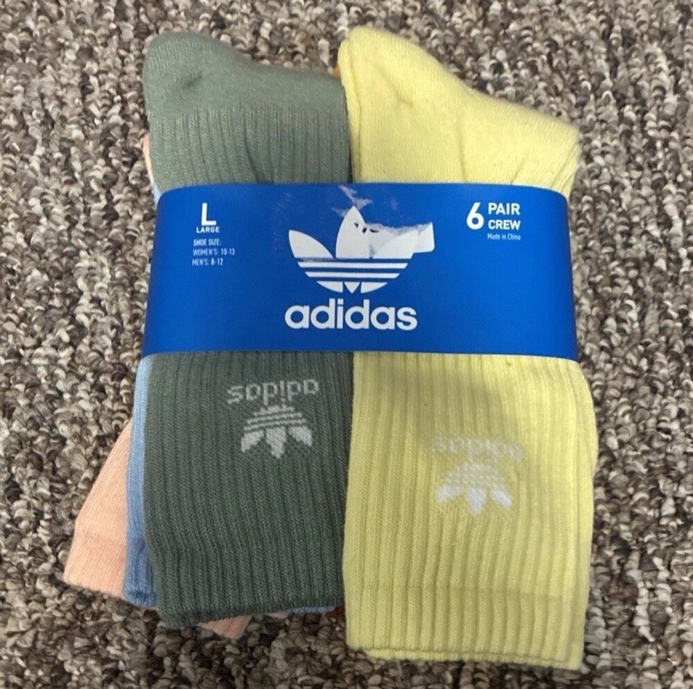 Adidas Originals 6 Pair Crew Socks Large Men’s 8-12 Women’s 10-13 Multicolor new